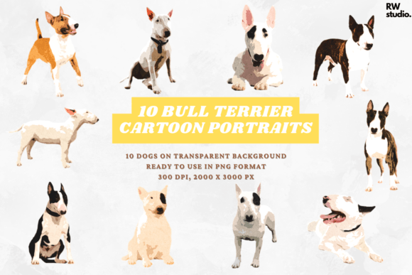 10 Bull Terrier Cartoon Portraits Dog